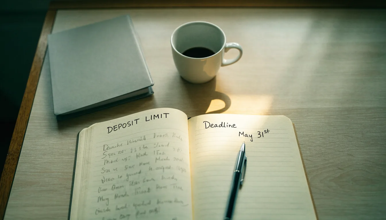 Ein aufgeschlagenes Notizbuch mit handschriftlichen Notizen und ein Kugelschreiber liegen auf einem hellen Schreibtisch neben einer Kaffeetasse.