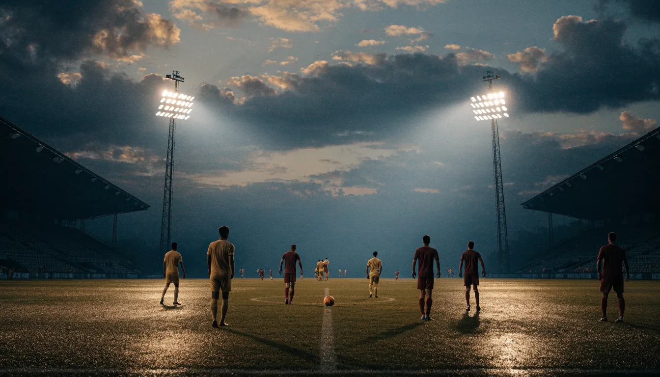Ein Fußballplatz mit Flutlichtmasten in der Abenddämmerung, aus der Ferne gesehen, leere Tribünen und nasser Rasen unter bewölktem Himmel.