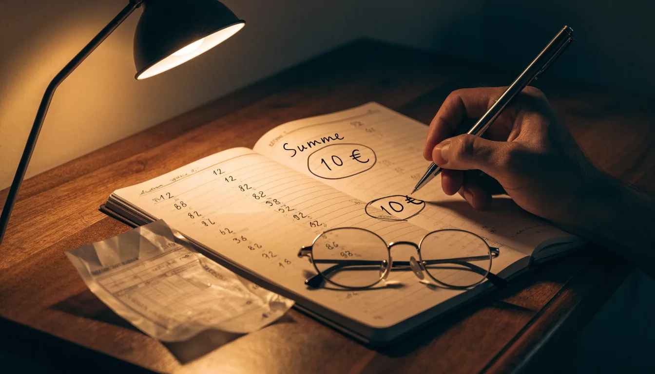 Ein Taschenrechner und ein Blatt Papier mit handschriftlichen Notizen liegen auf einem Schreibtisch unter dem warmen Licht einer Lampe.