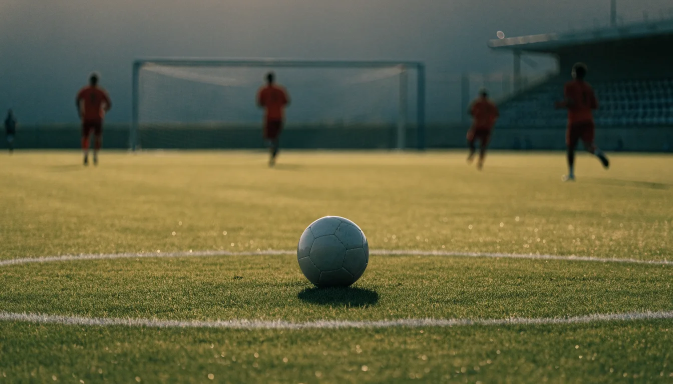 Ein Fußball liegt auf dem Elfmeterpunkt eines leeren Rasenplatzes, im Hintergrund eine Tribüne im Dunst.
