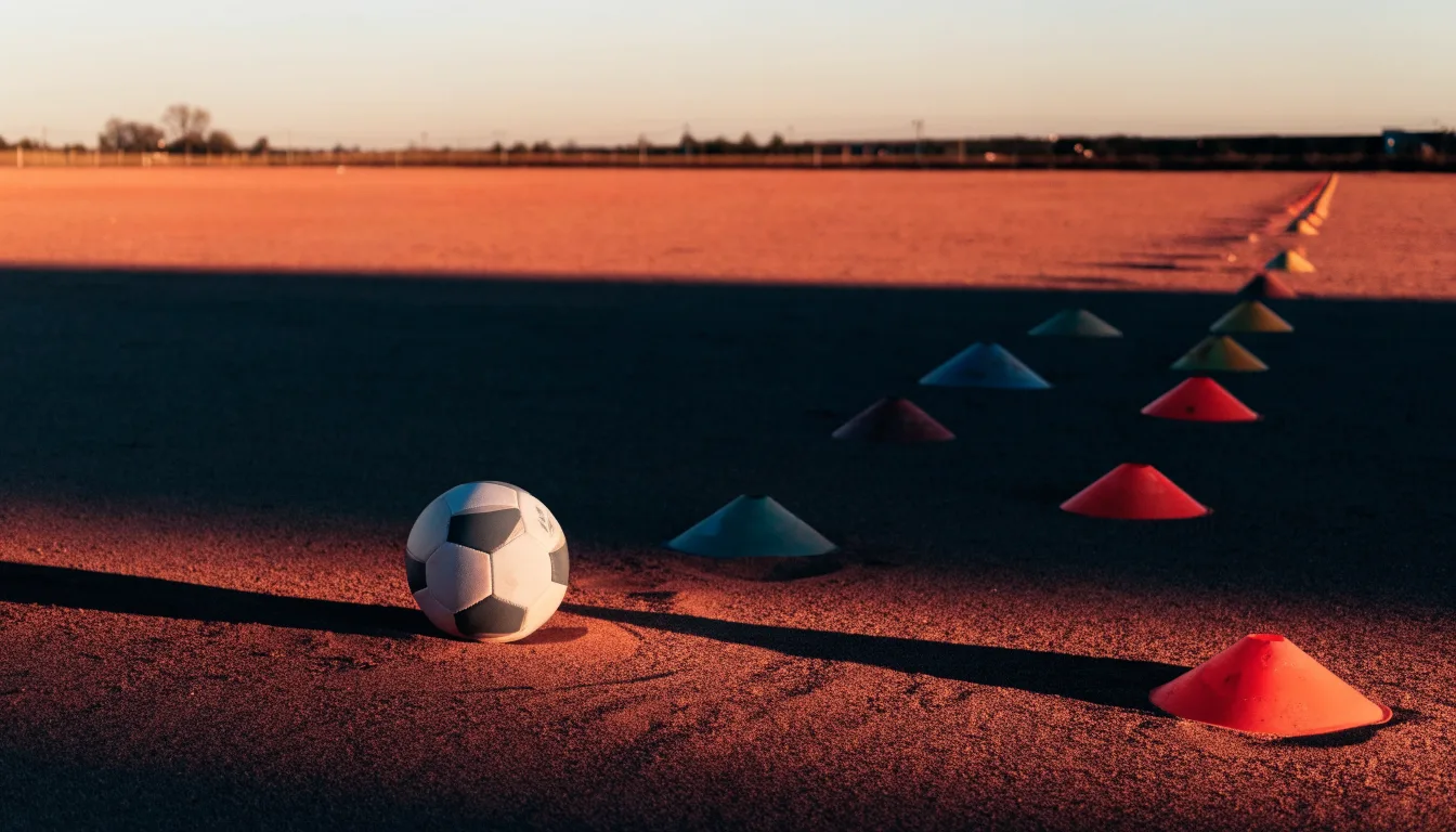 Ein Fußball auf rotem Sandboden neben einer Reihe Hütchen auf einem Trainingsplatz bei untergehender Sonne.