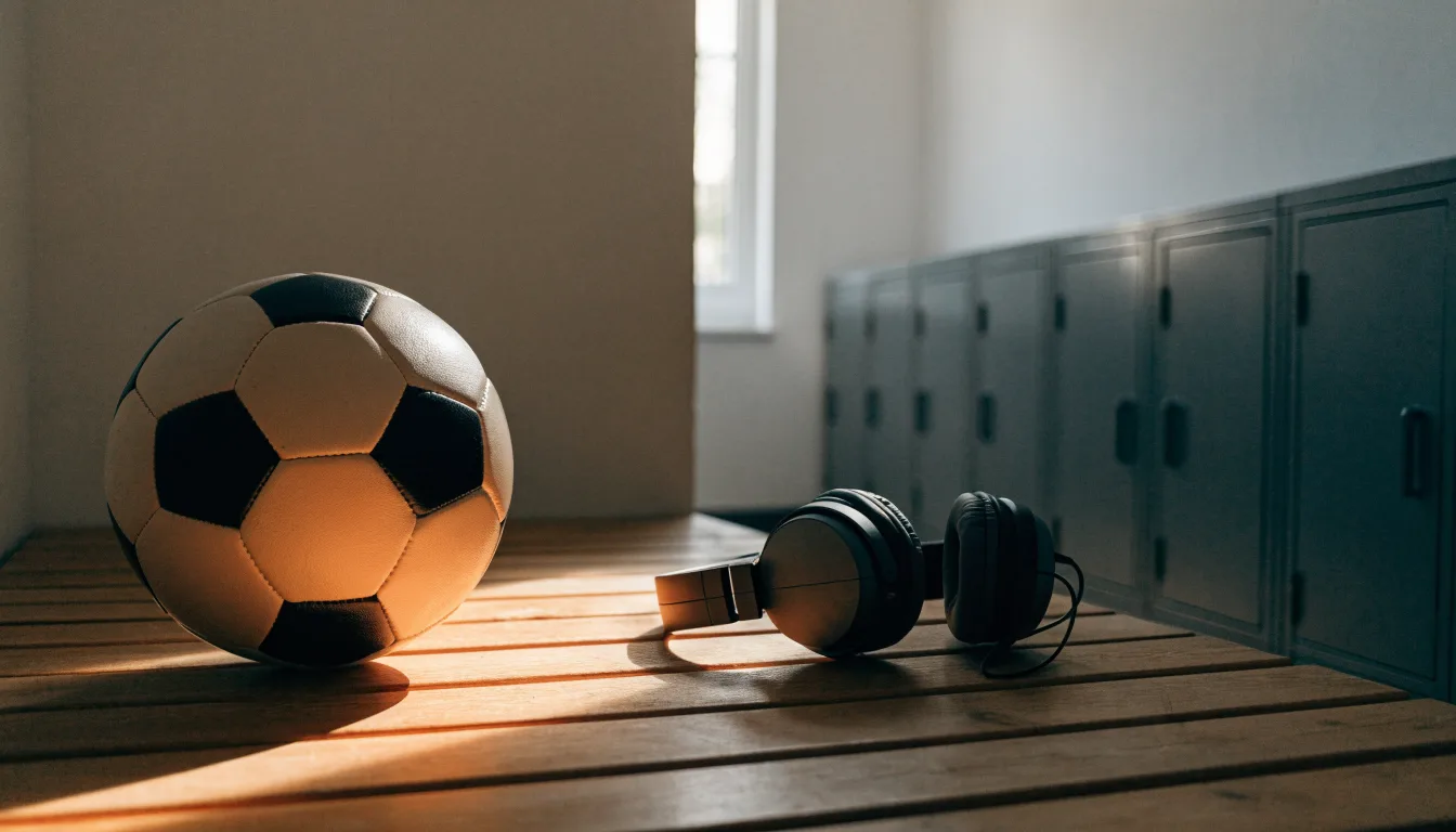 Ein Fußball liegt neben Kopfhörern auf einer Holzbank in einer Umkleide, Licht fällt durch ein schmales Fenster.