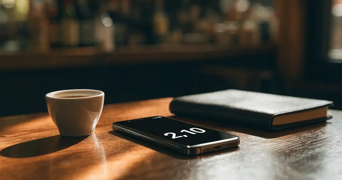 Ein Smartphone mit dunklem Bildschirm liegt auf einem Tisch in einem Café, daneben eine Tasse und ein Notizbuch.