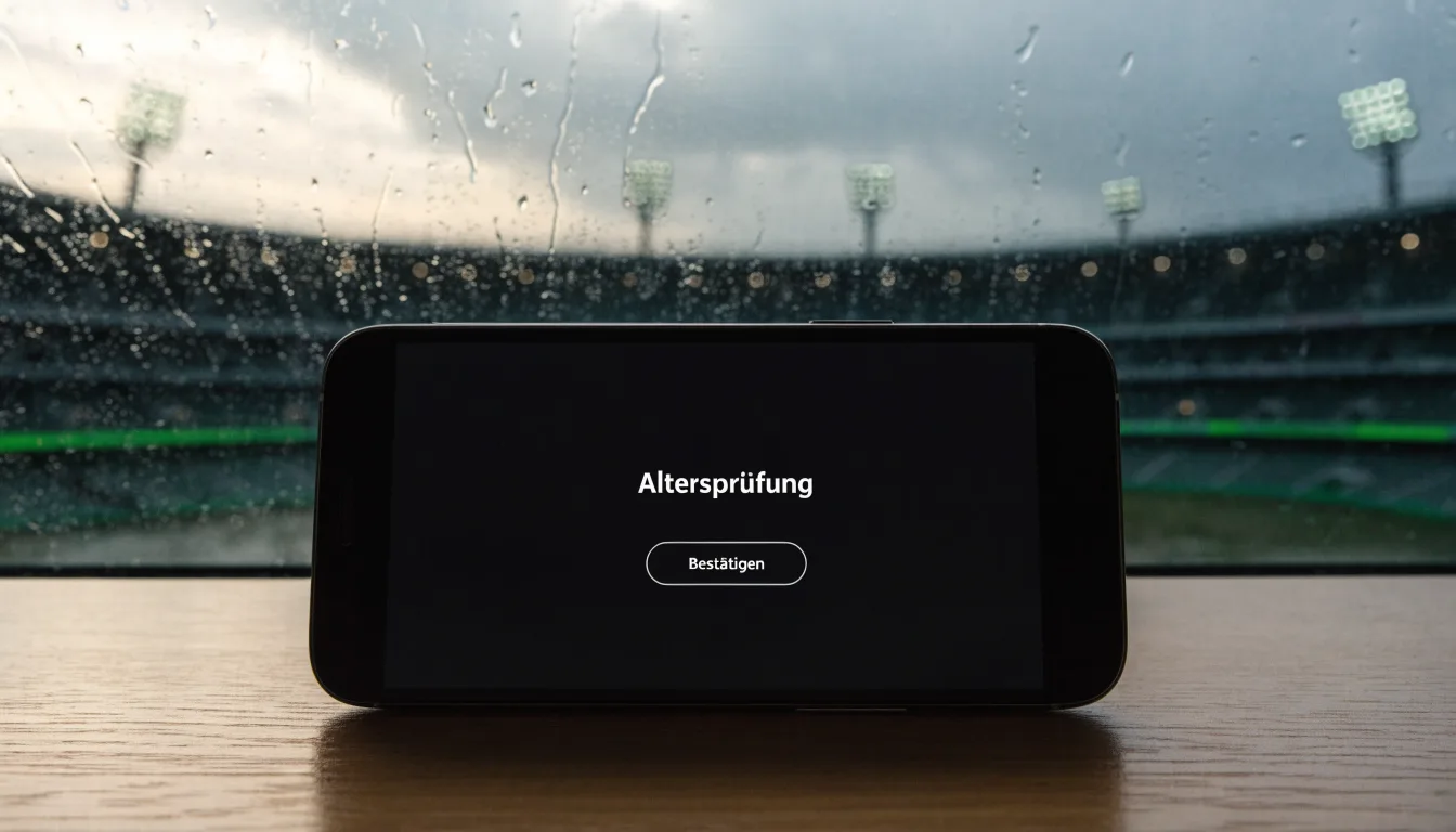 Ein leeres Stadion von außen, hohe Flutlichtmasten vor einem grauen Himmel mit Regenwolken.