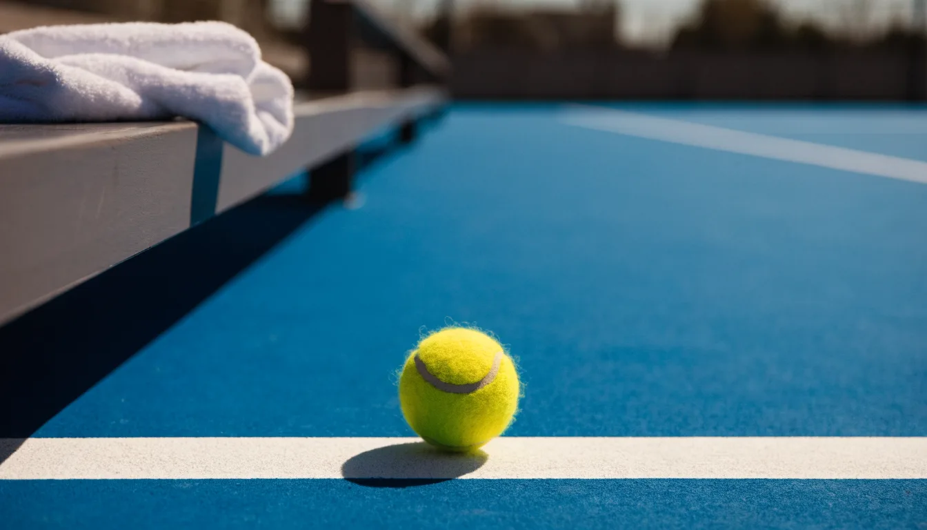 Ein gelber Tennisball liegt auf einer weißen Linie, daneben ein Handtuch auf einer Bank am Spielfeldrand.