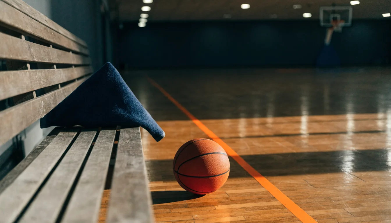 Ein Basketball liegt auf der Freiwurflinie einer Halle, im Vordergrund ein Handtuch auf einer Bank.