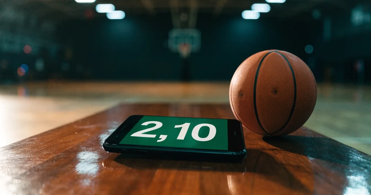 Eine leere Basketballhalle mit glänzendem Parkett und einem Korb im Hintergrund, Licht von Deckenstrahlern spiegelt sich im Boden.