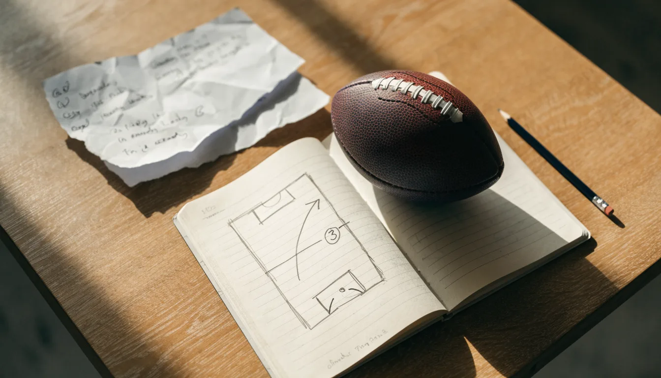 Ein Fußball liegt auf einem Notizbuch mit handgezeichneten Skizzen von Spielzügen, aufgenommen von oben auf einem Holztisch.