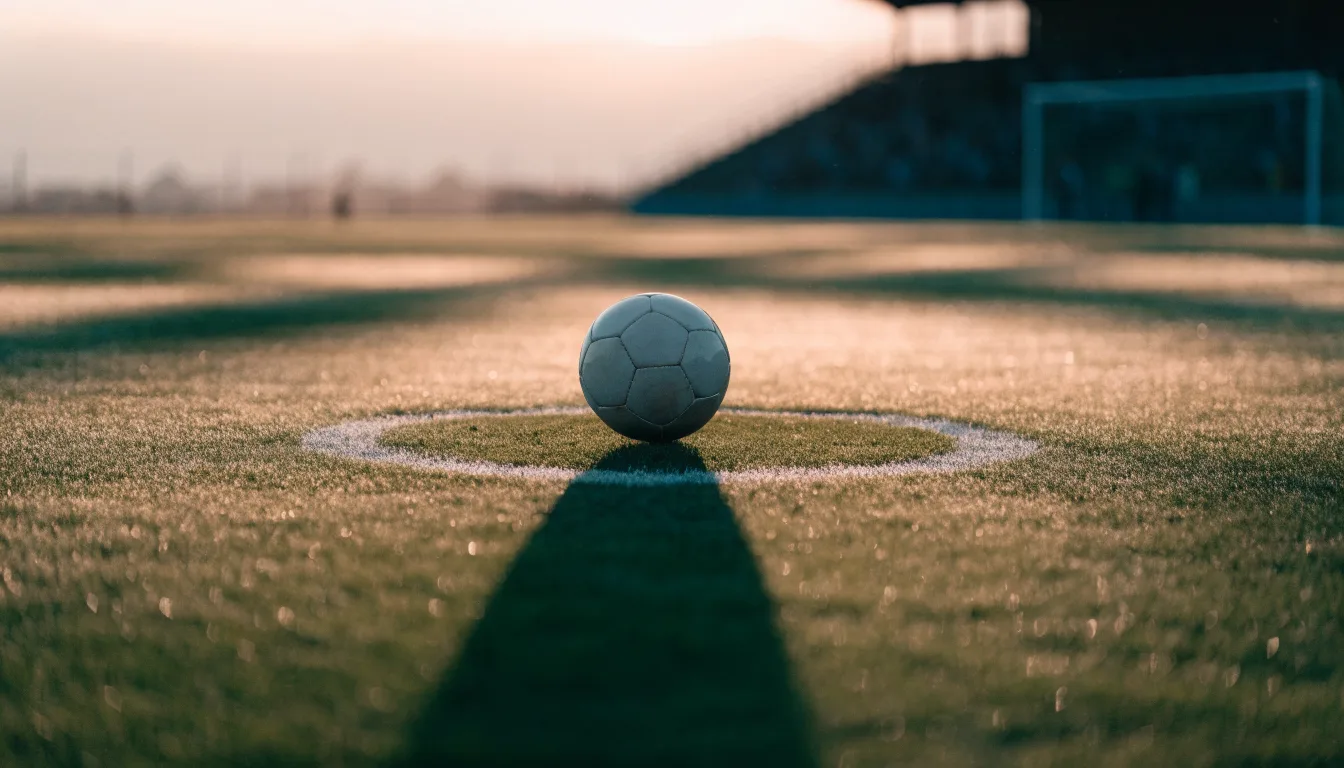 Ein Fußball liegt auf dem Anstoßpunkt eines Rasens bei Sonnenaufgang, Tau glitzert auf den Halmen.