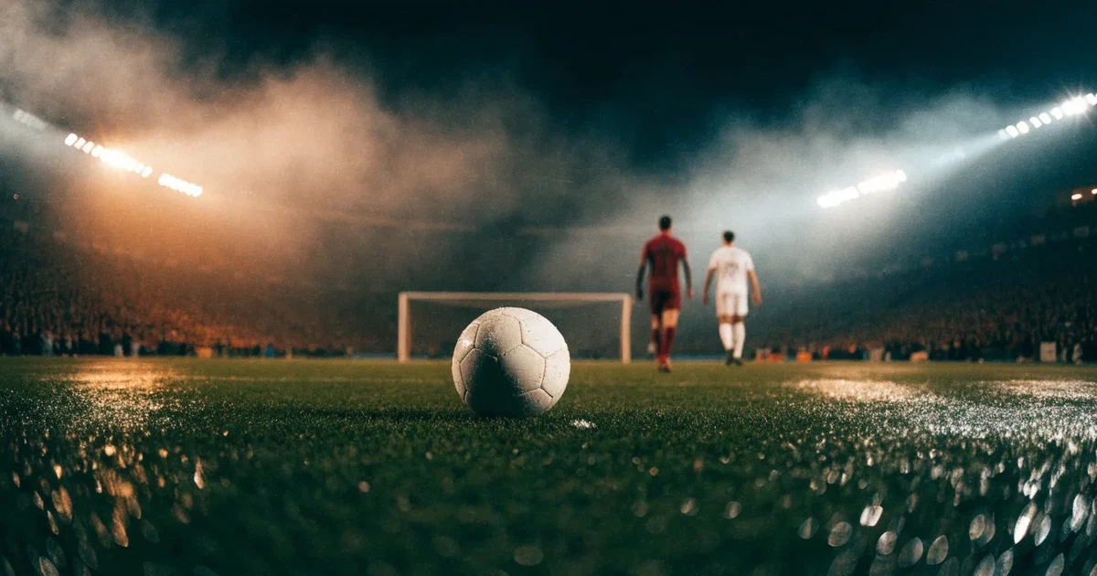Ein großes Fußballstadion bei Flutlicht von außen, davor ein leerer Vorplatz mit nassem Pflaster und Dunst.