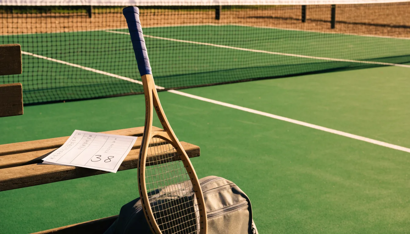 Ein Tennisschläger lehnt an einer Bank neben einer Sporttasche, im Hintergrund ein leerer Platz.