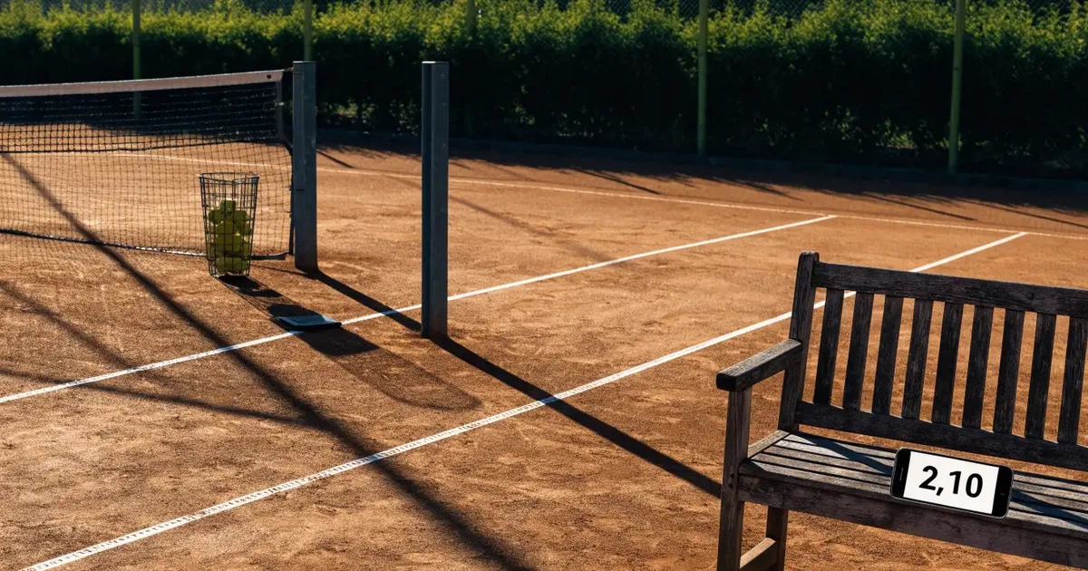 Ein Sandplatz mit frisch gezogenen Linien in der Nachmittagssonne, Netz und Ballkorb am Rand, keine Menschen.