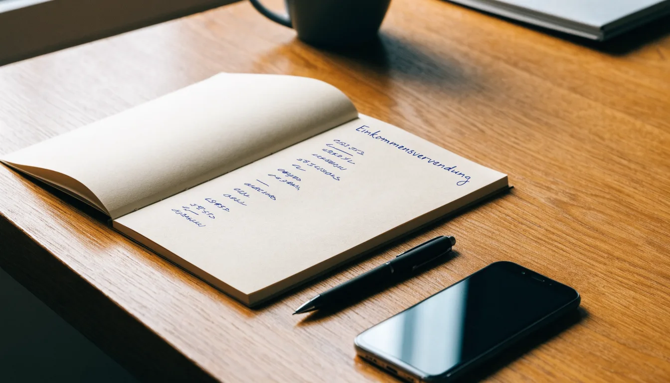 Ein Notizbuch mit handschriftlichen Notizen und ein Kugelschreiber liegen neben einem Smartphone mit dunklem Display auf einem Holztisch.