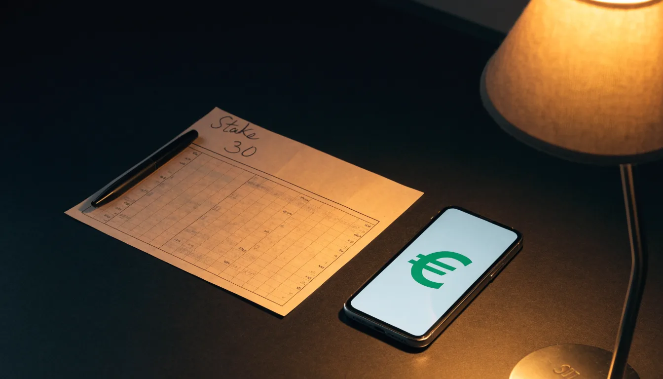 Ein leerer Wettschein aus Papier liegt neben einem Stift auf einem Schreibtisch im Licht einer kleinen Tischlampe.
