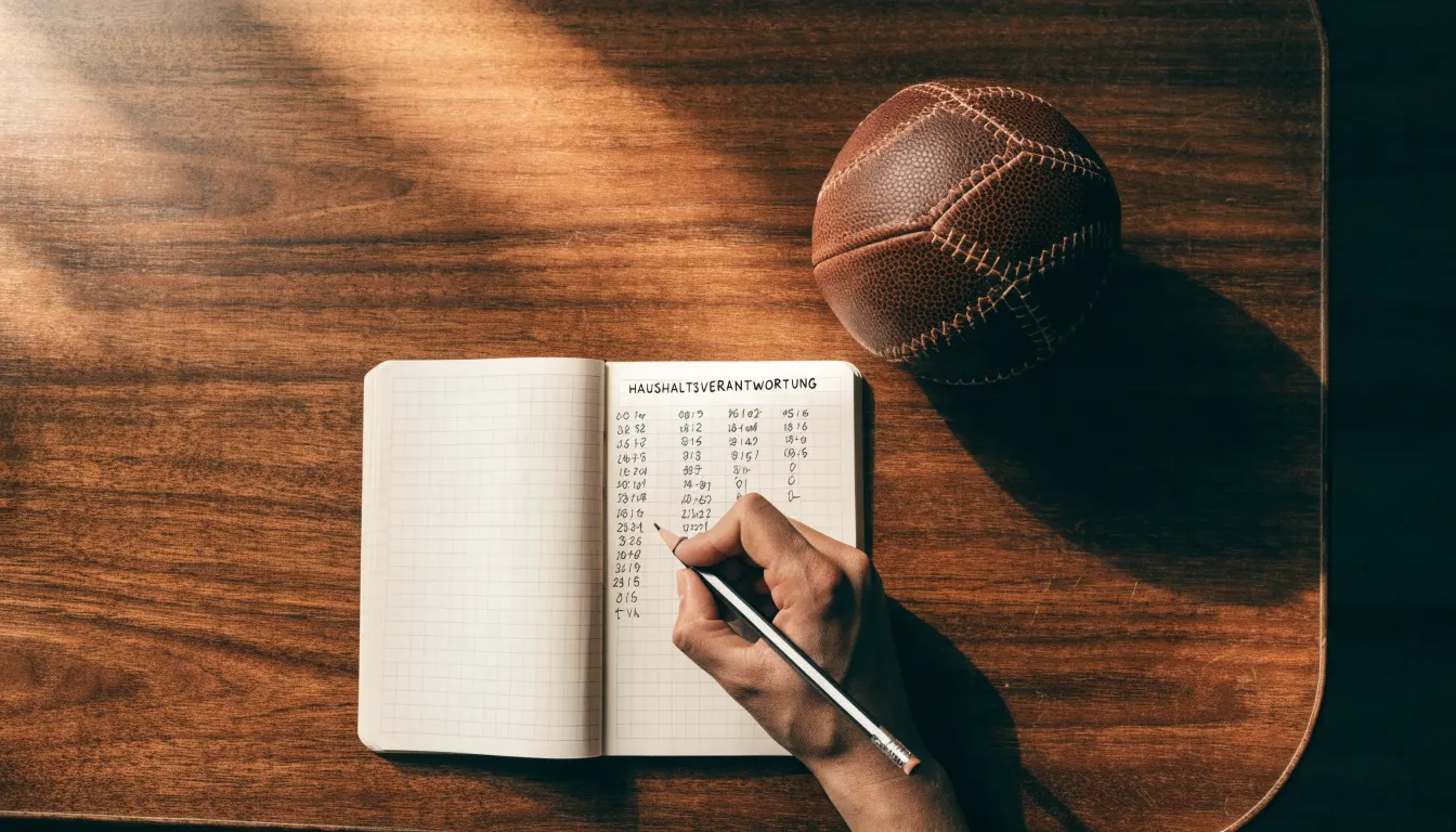 Eine Hand notiert mit Bleistift Zahlen in ein kariertes Heft, daneben liegt ein kleiner Lederfußball auf einer Holzplatte.
