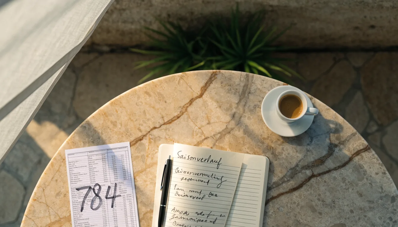 Eine Espressotasse steht auf einem kleinen Marmortisch einer Terrasse, daneben ein Notizheft mit handschriftlichen Skizzen.
