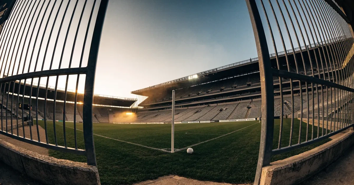 Blick durch ein Stadiontor auf einen grünen Rasen im Abendlicht, ein Ball liegt an der Eckfahne, die Ränge sind leer.