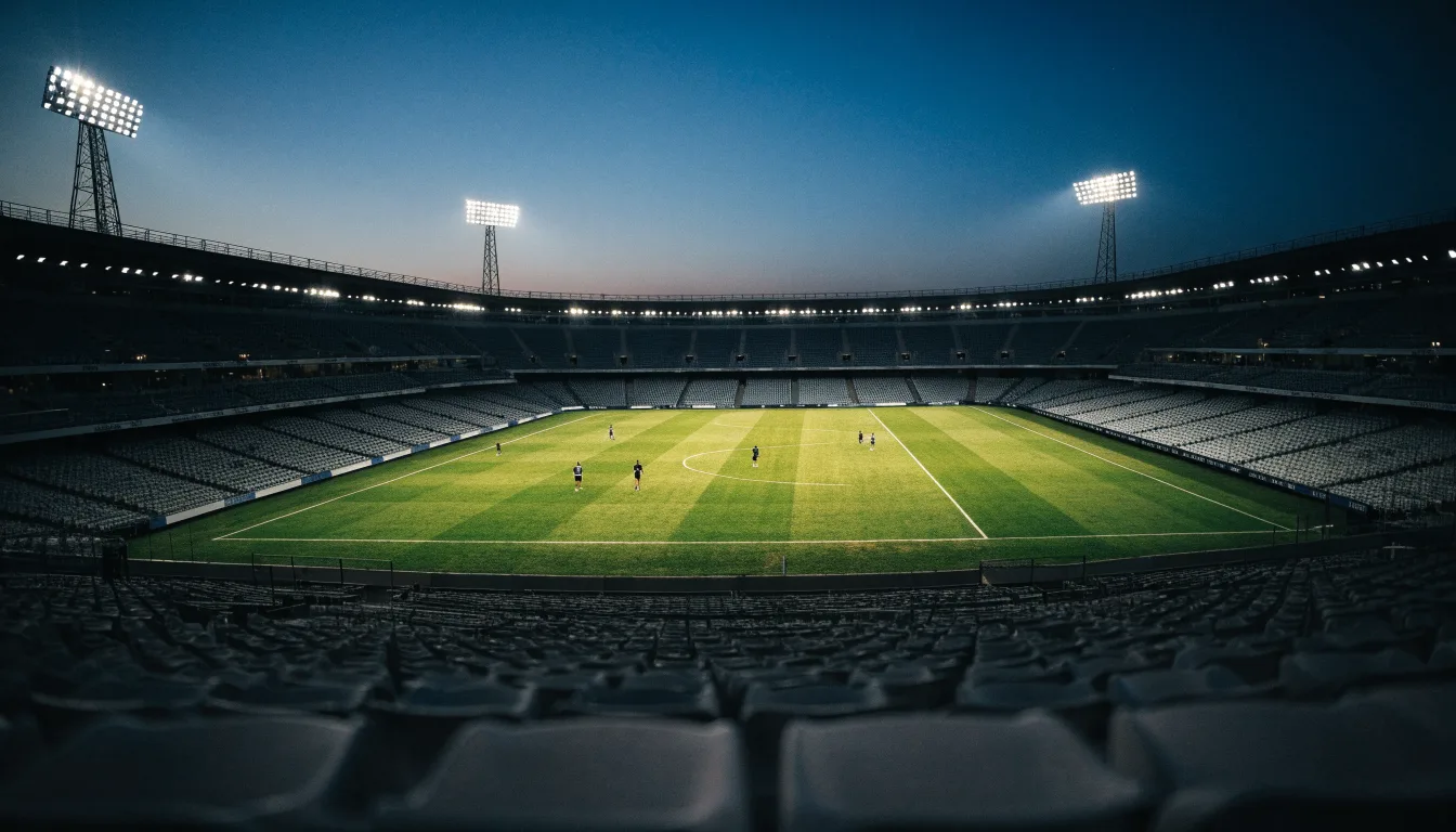 Eine leere Stadiontribüne unter Flutlicht aus der Ferne betrachtet, die Rasenfläche leuchtet grün in der Dämmerung.