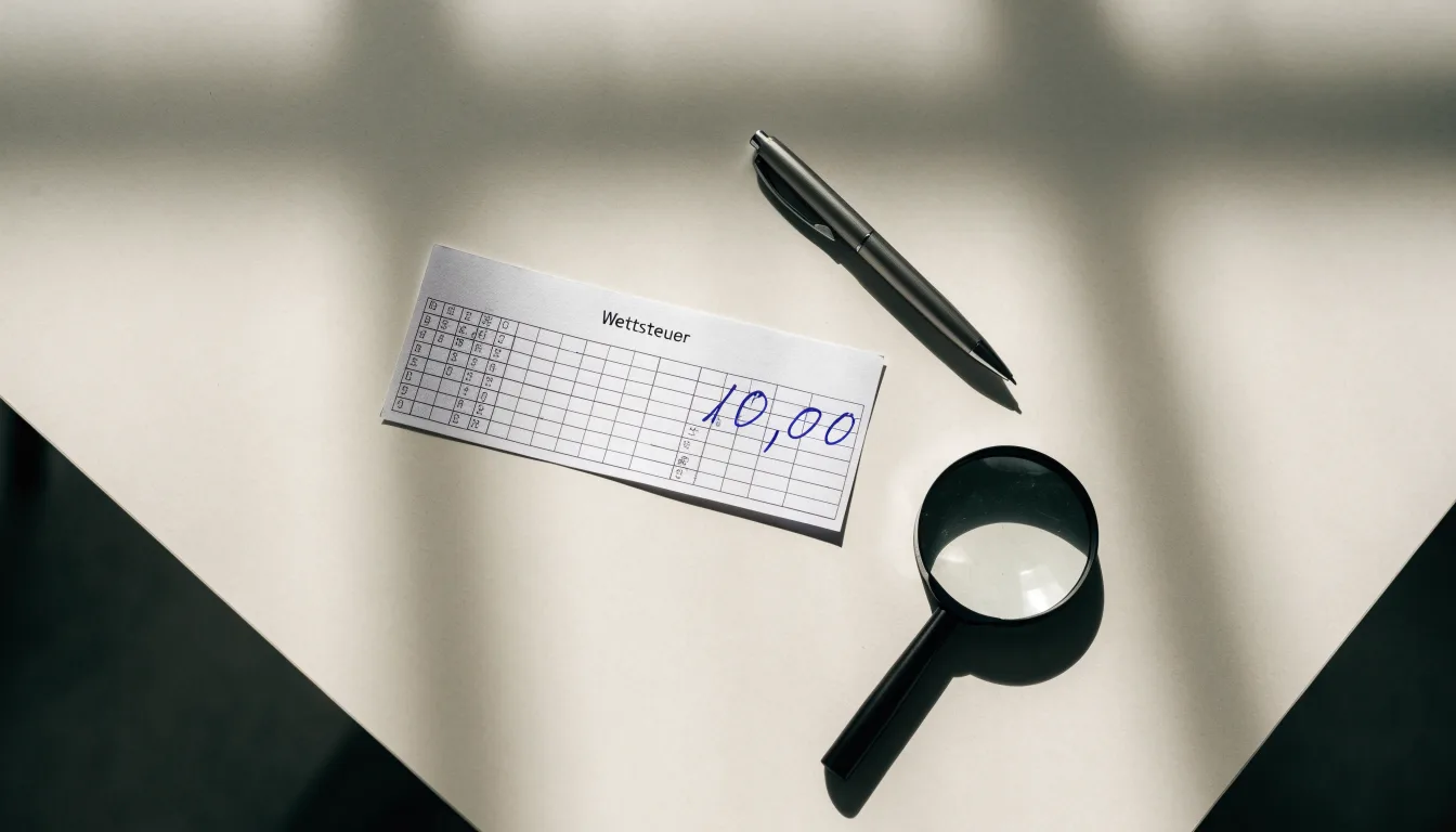 Ein leerer Wettschein aus Papier und ein Kugelschreiber liegen auf einem Schreibtisch neben einer Lupe.