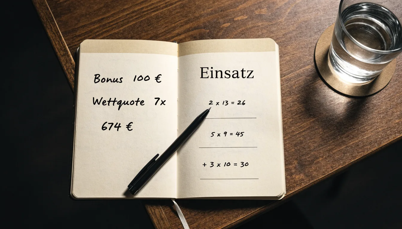 Ein Notizbuch mit handschriftlichen Rechnungen und ein Taschenrechner liegen auf einem aufgeräumten Schreibtisch in warmem Licht.