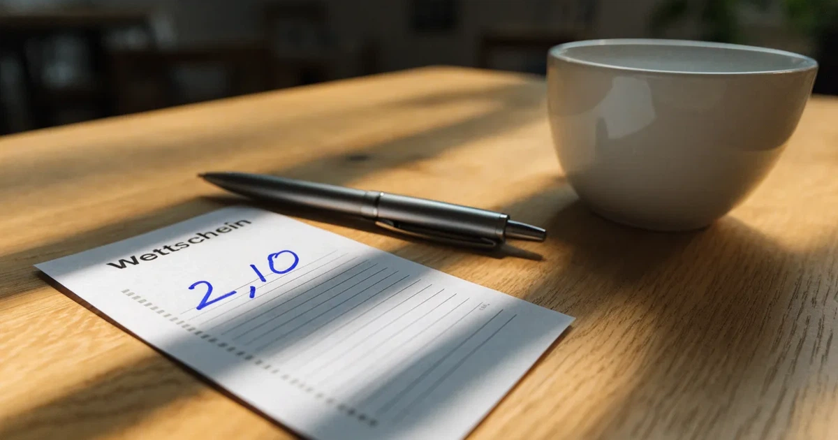 Ein leerer Papier-Wettschein liegt neben einem Kugelschreiber und einer Kaffeetasse auf einem hellen Holztisch, Tageslicht von links.