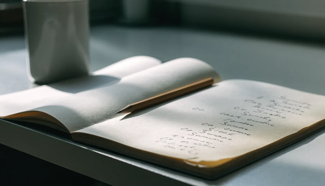 Ein Taschenrechner, ein Bleistift und ein Block mit handschriftlichen Zahlenreihen liegen auf einer grauen Arbeitsfläche.
