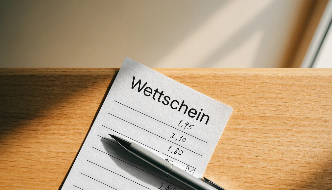 Ein leerer Papier-Wettschein und ein Kugelschreiber liegen auf einer Theke aus hellem Holz im Tageslicht.