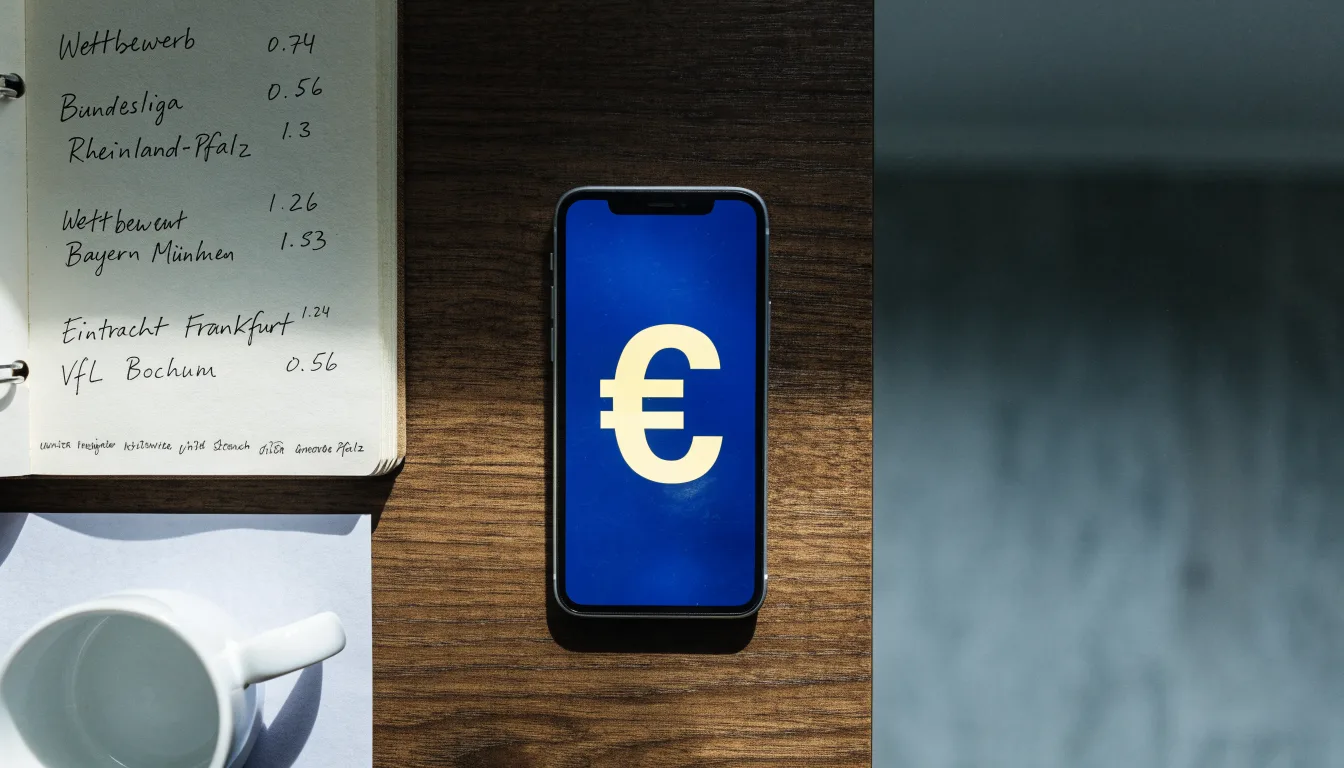 Ein Smartphone liegt mit dunklem Display auf einem Schreibtisch neben einem Notizbuch und einer Kaffeetasse.