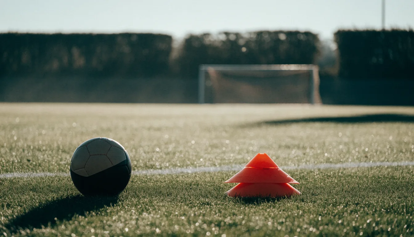 Ein Fußball liegt auf einem Rasenplatz bei Sonnenaufgang, daneben ein kleiner Stapel Trainingshütchen.