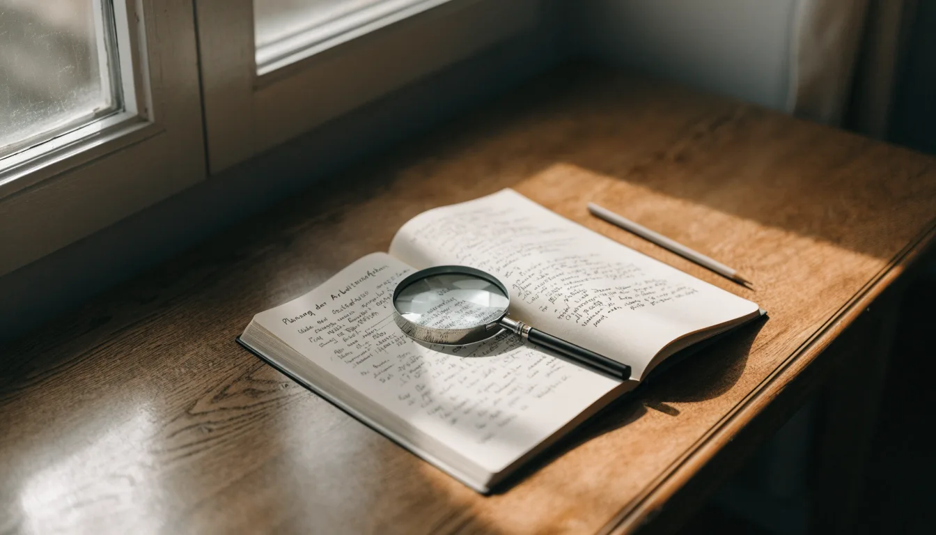 Ein schmaler Schreibtisch am Fenster mit einem Notizbuch, einer Lupe und einem Bleistift im Morgenlicht.