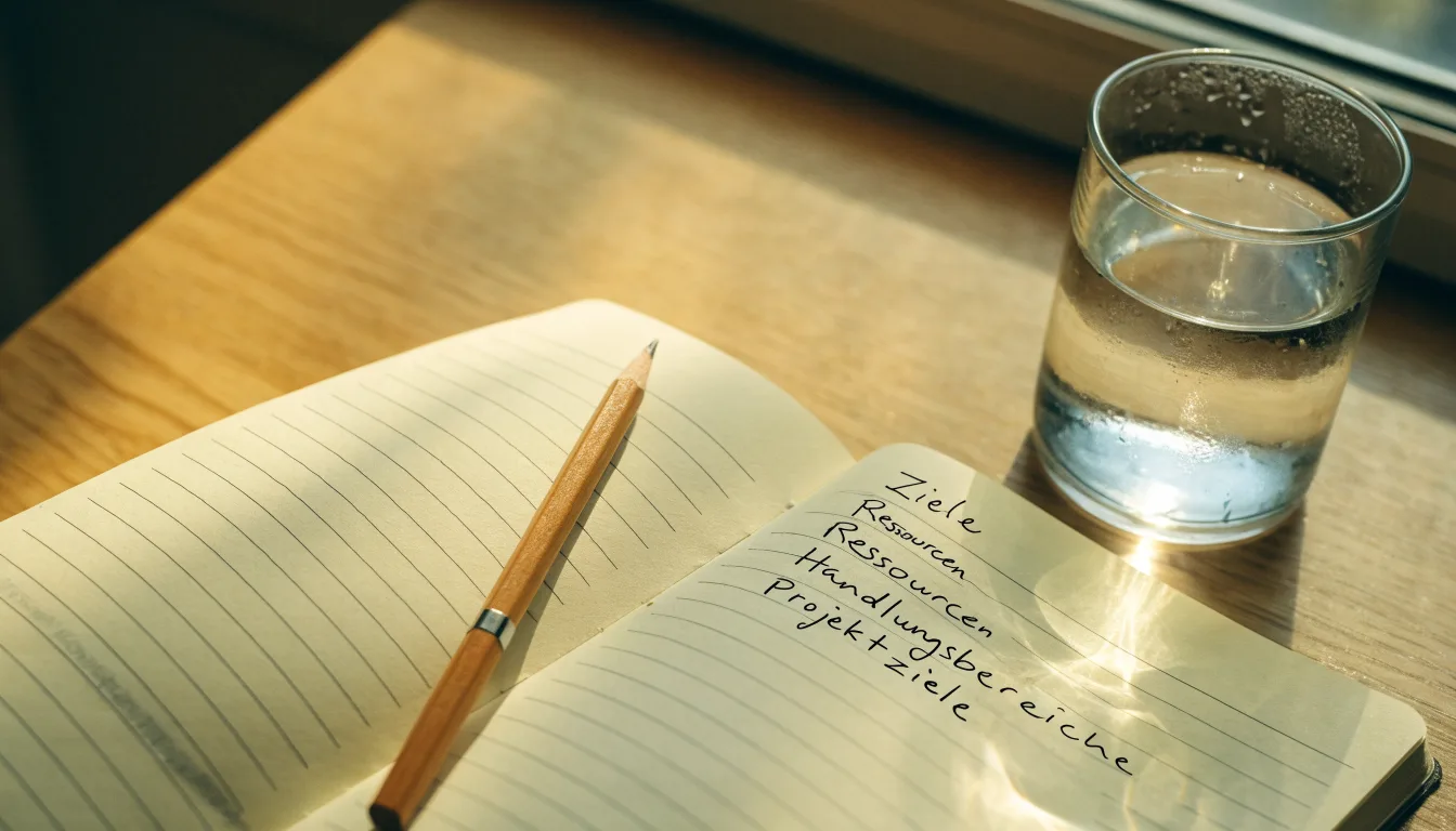 Ein Notizbuch mit handgezeichneten Spalten und ein Bleistift liegen auf einem hellen Holztisch neben einem Glas Wasser.