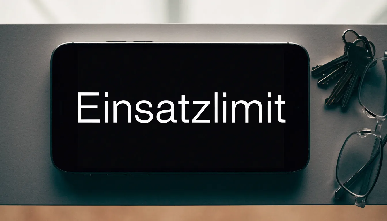 Ein Smartphone liegt mit dunklem Display auf einem Schreibtisch neben einem Schlüsselbund und einer Brille.