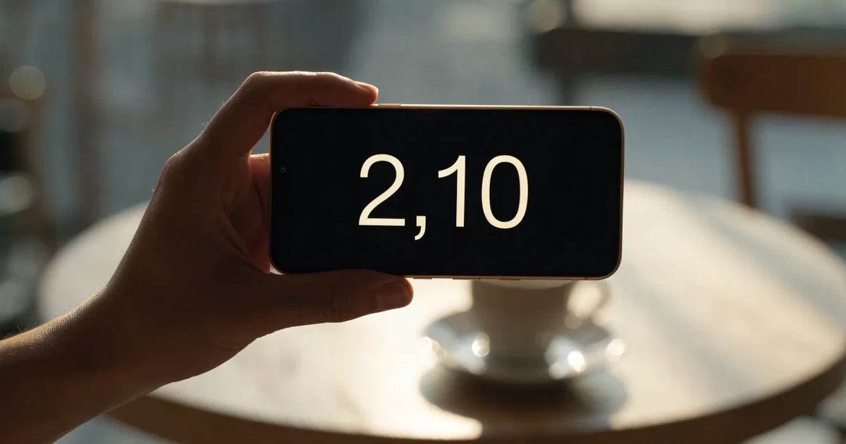 Eine Hand hält ein Smartphone mit dunklem Display, im Hintergrund unscharf ein Café-Tisch mit einer Tasse.