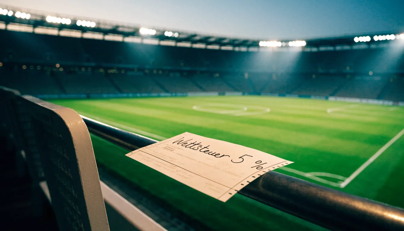 Eine leere Stadiontribüne unter Flutlicht aus der Ferne betrachtet, die Rasenfläche leuchtet grün in der Dämmerung.