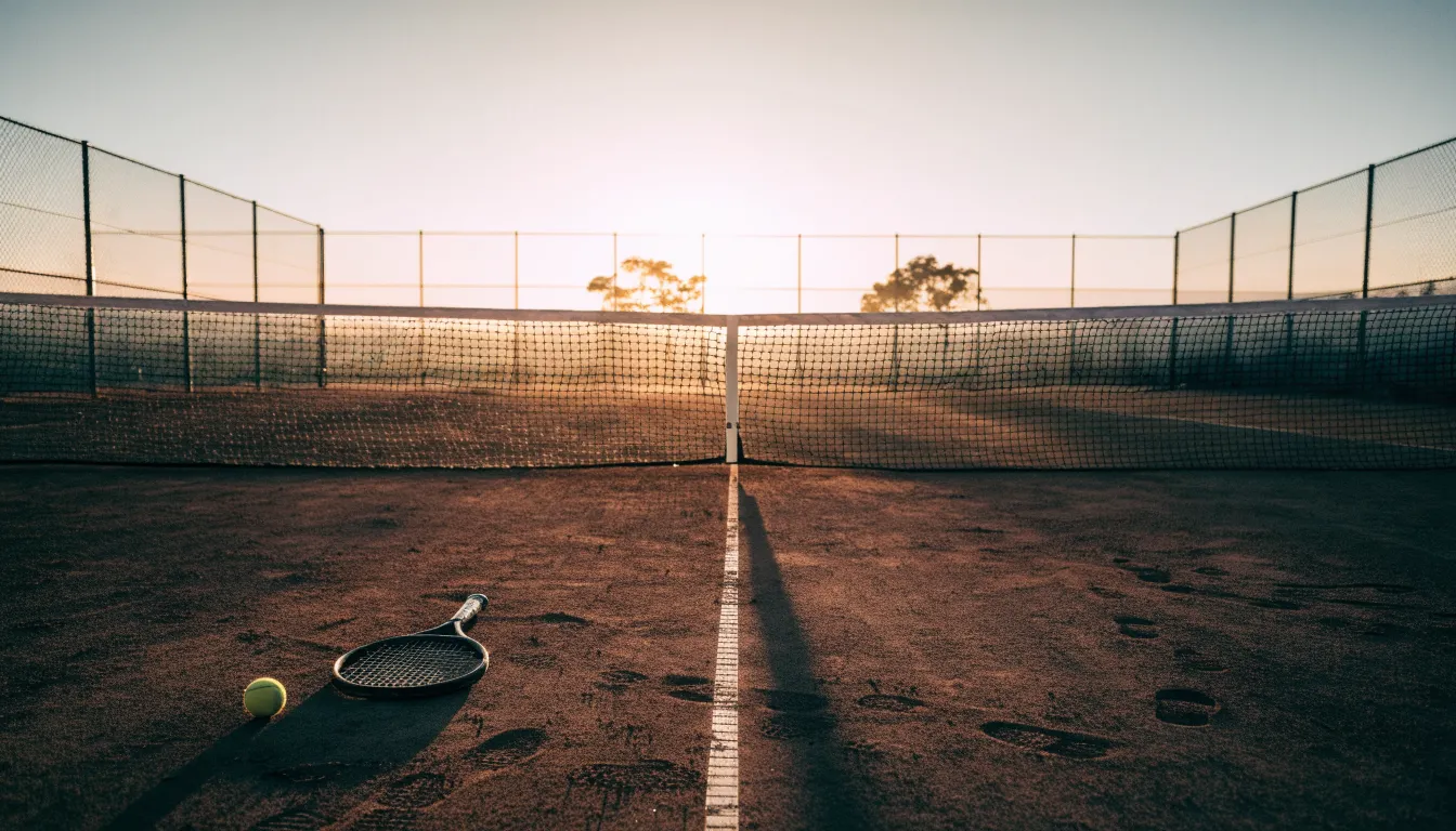 Ein Tennisplatz aus Sand bei Sonnenaufgang, das Netz im Gegenlicht, kein Mensch zu sehen.