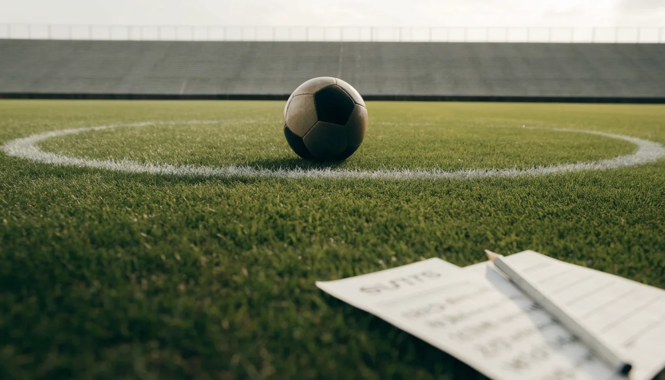 Ein Fußball liegt auf dem Anstoßpunkt eines leeren Rasenplatzes, im Hintergrund eine ruhige Tribüne unter bedecktem Himmel.