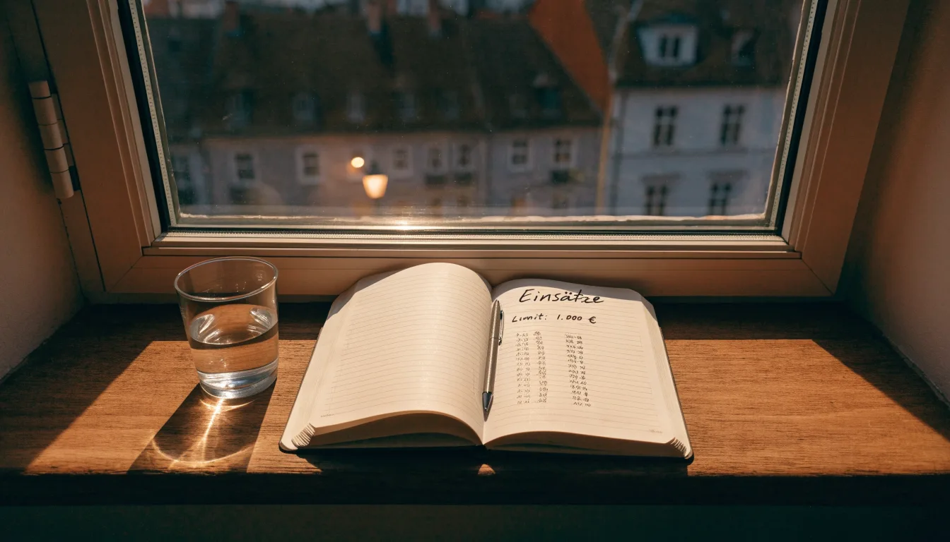 Die Silhouette einer Person sitzt am Abend am Fenster und blickt auf eine Straße, auf dem Fensterbrett steht ein Glas Wasser.