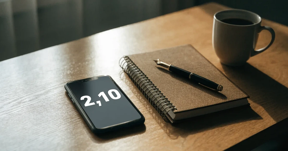 Ein Holzschreibtisch im Morgenlicht mit geschlossenem Notizbuch, Kugelschreiber und Kaffeetasse, daneben ein Smartphone mit dunklem Bildschirm.