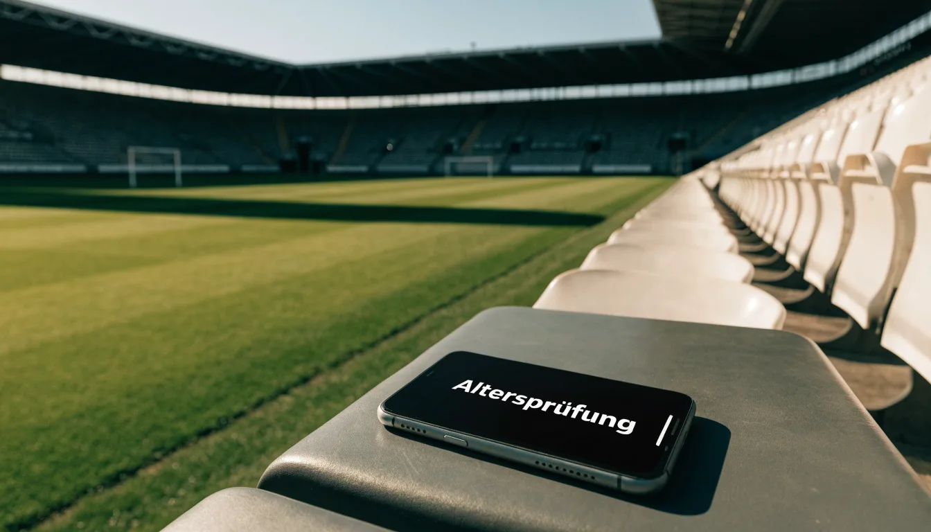 Ein leeres Fußballstadion bei Tageslicht von der Tribüne aus gesehen, der Rasen zeigt gleichmäßige Mähstreifen.