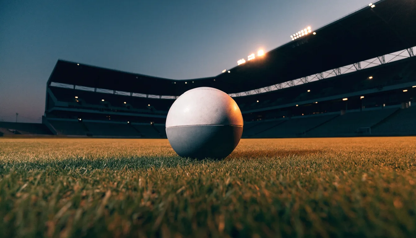 Ein Fußball liegt auf dem Rasen eines leeren Platzes, im Hintergrund ein Stadion unter Flutlicht in der Abenddämmerung.