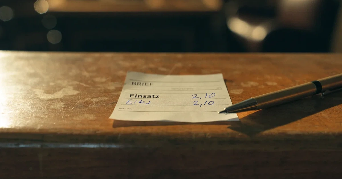 Ein leerer Wettschein aus Papier liegt neben einem Stift auf einer hölzernen Theke, weiches Licht fällt von der Seite ein.