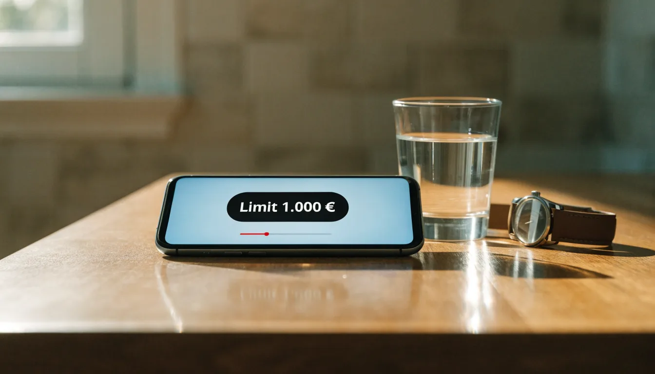 Ein Smartphone liegt mit dem Display nach unten auf einem Küchentisch, daneben stehen ein Glas Wasser und eine Armbanduhr.