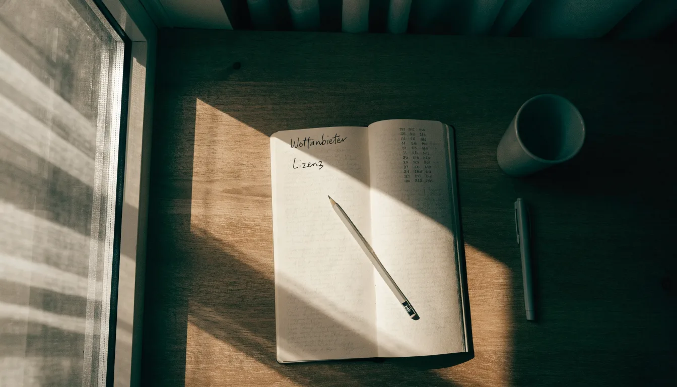 Ein Notizbuch mit handschriftlichen Notizen und ein Bleistift liegen auf einem Schreibtisch am Fenster, draußen fällt Morgenlicht herein.