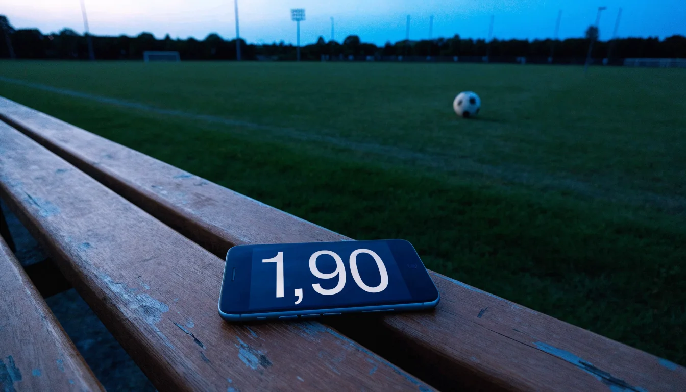 Eine leere Parkbank am Rand eines Fußballfelds in der Abenddämmerung, im Hintergrund ragen dunkle Flutlichtmasten in den Himmel.