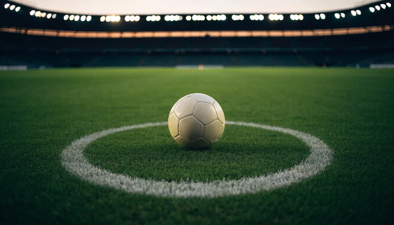 Ein Fußball liegt auf dem Anstoßpunkt eines leeren Rasenplatzes, im Hintergrund steht ein Stadion unter Flutlicht in der Dämmerung.