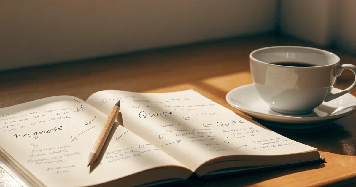 Ein Notizbuch mit handschriftlichen Notizen und Pfeilen liegt aufgeschlagen auf einem Schreibtisch, daneben ein Bleistift und eine Tasse Tee.
