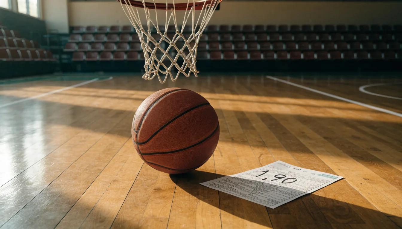 Ein Basketball liegt auf dem Hallenboden unter einem Korb, das Netz hängt ruhig, Morgenlicht fällt durch hohe Fenster.