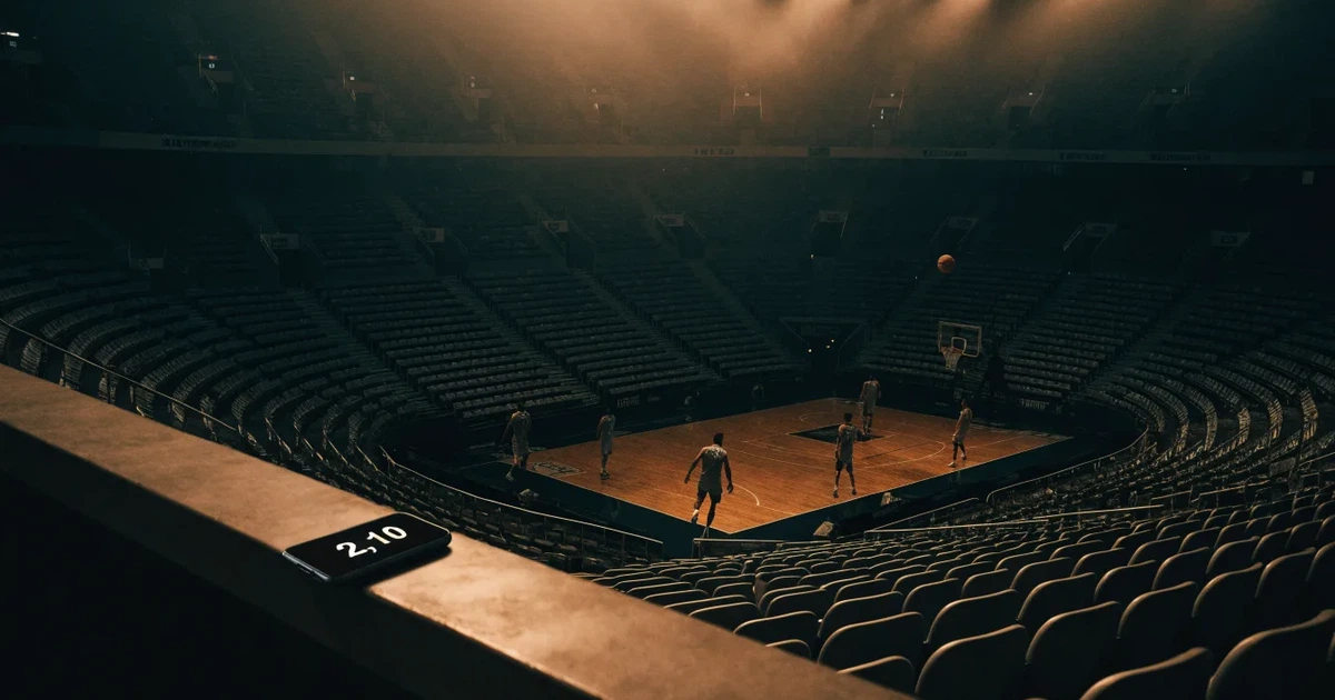 Eine leere Basketballhalle von einer oberen Tribünenreihe aus gesehen, Parkett und Körbe im Licht der Hallenstrahler.