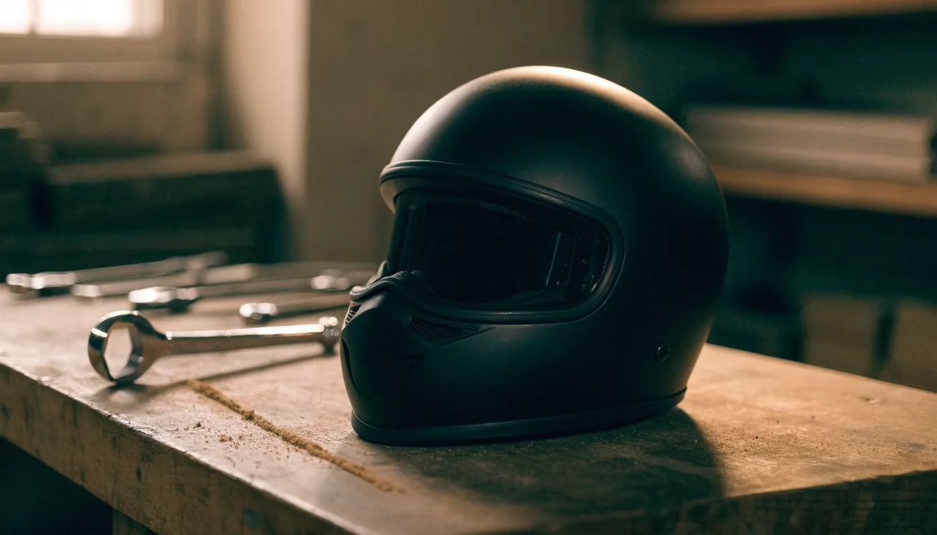 Ein schwarzer Motorradhelm ohne Aufdruck liegt auf einer Werkbank neben einem Schraubenschlüssel, warmes Licht einer Werkstatt.
