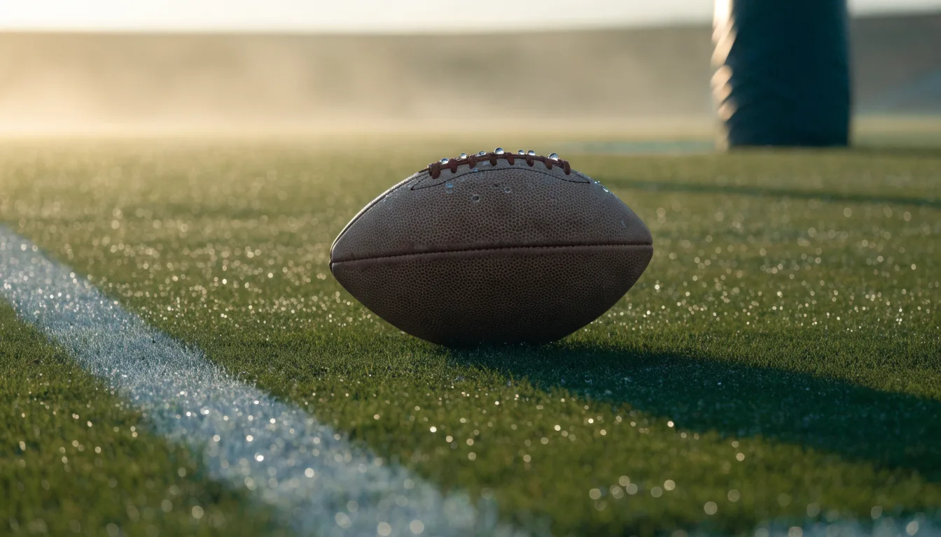 Ein ovaler Lederball mit heller Schnürung liegt auf dem Rasen vor der Endzone, Tau auf dem Gras im ersten Morgenlicht.